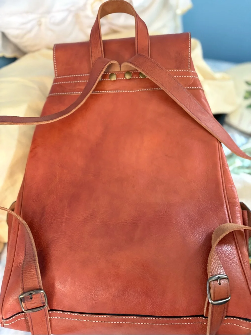 Classic Light Brown Leather Backpack with Front Flap and Buckles 15” x 12”